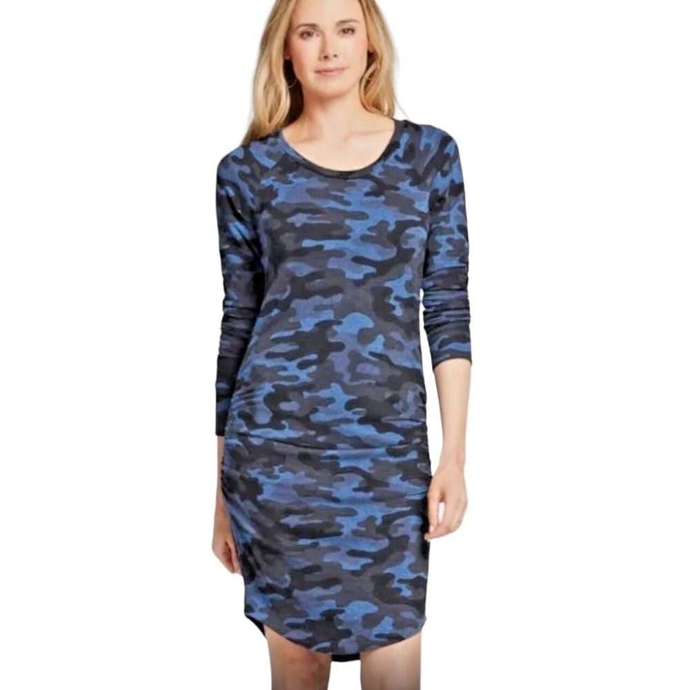 Sundry Camo Midi Dress Women Size XS / 0 Blue Black Long Sleeve Ruched Stretch
